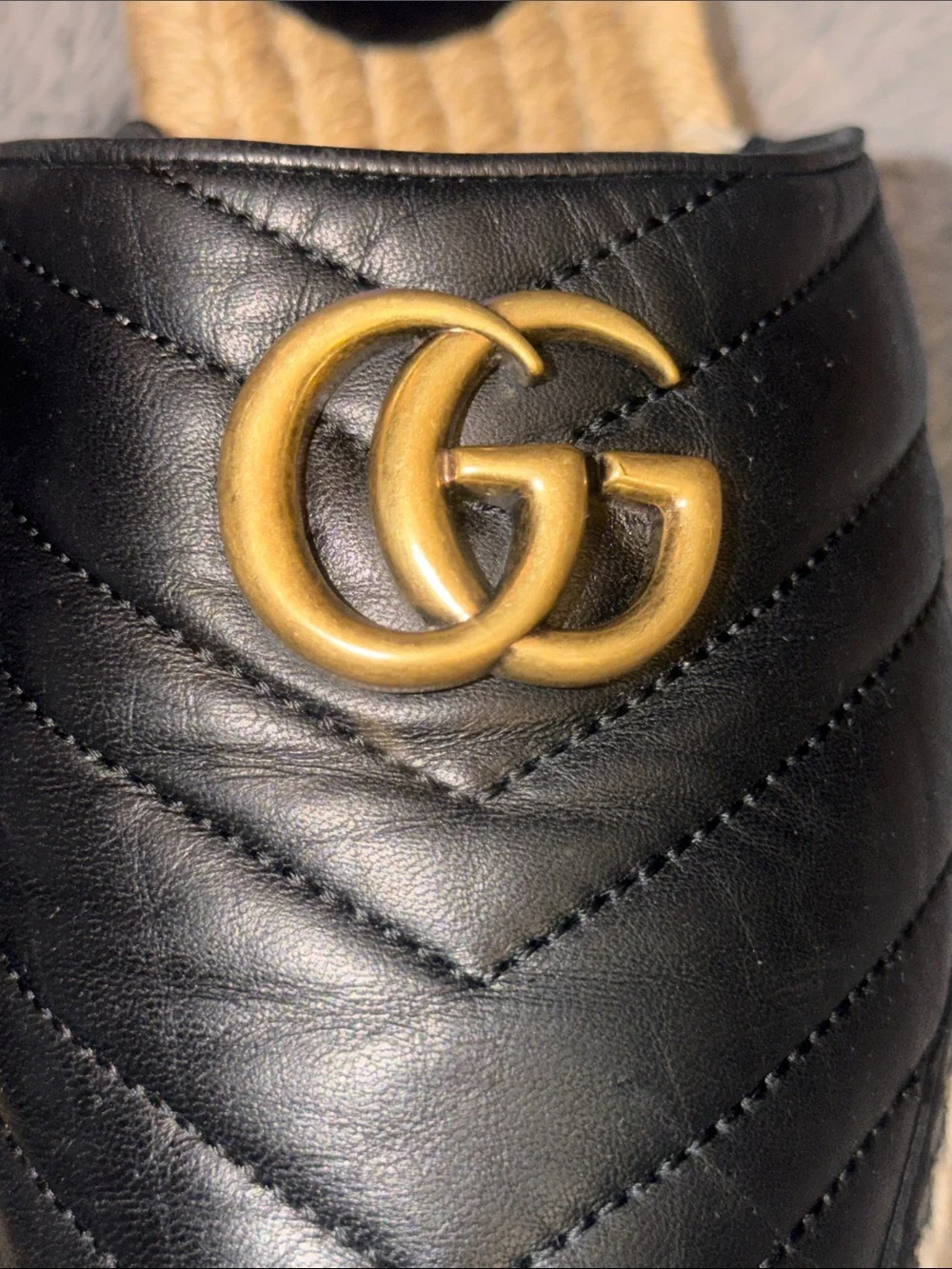 Preloved Gucci Black Quilted Leather Espadrille Mules with Gold GG size38
